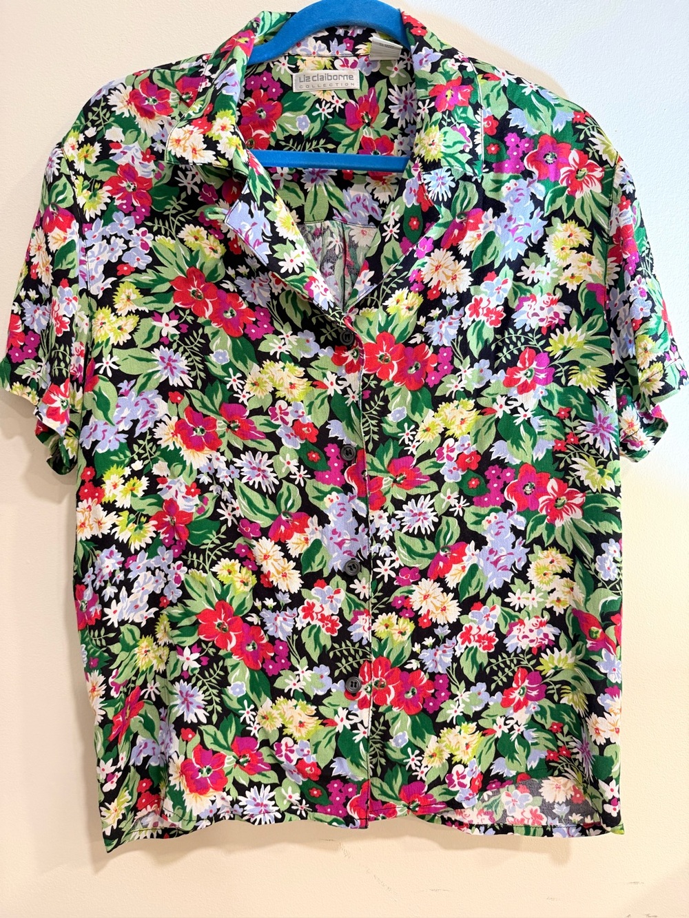 Liz Claiborne Black Floral Button-Up Shirt with Pink & Green Accents Set Y2K
